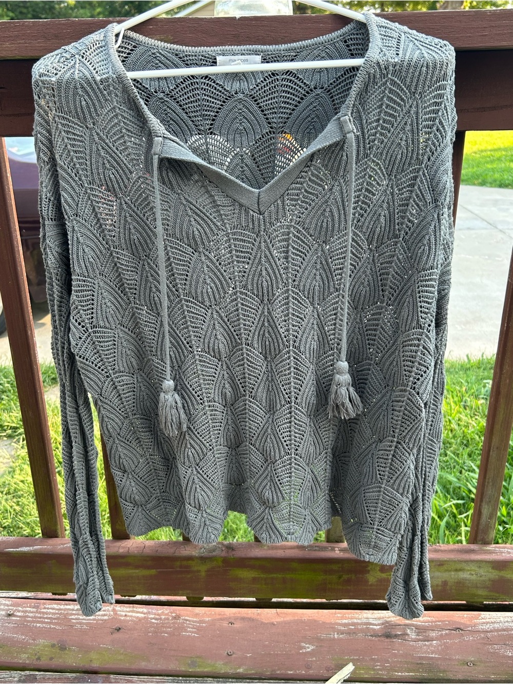 Maurices Gray Openwork V-Neck Sweater with Tassels